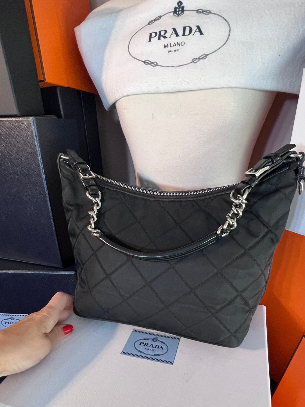 Prada⭐️Black Quilted Shoulder Bag with Silver chains inc!⭐️Offers welcome! - Picture 9 of 15